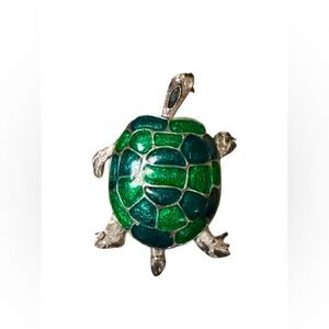 Green Enamel Turtle Brooch Silver Tone Sea Turtle Pin Possibly Vintage